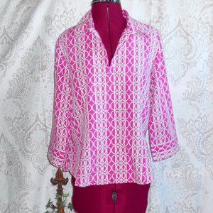 Foxcroft 14P Fitted Zip Front Pink/White 3/4 Sleeve Blouse